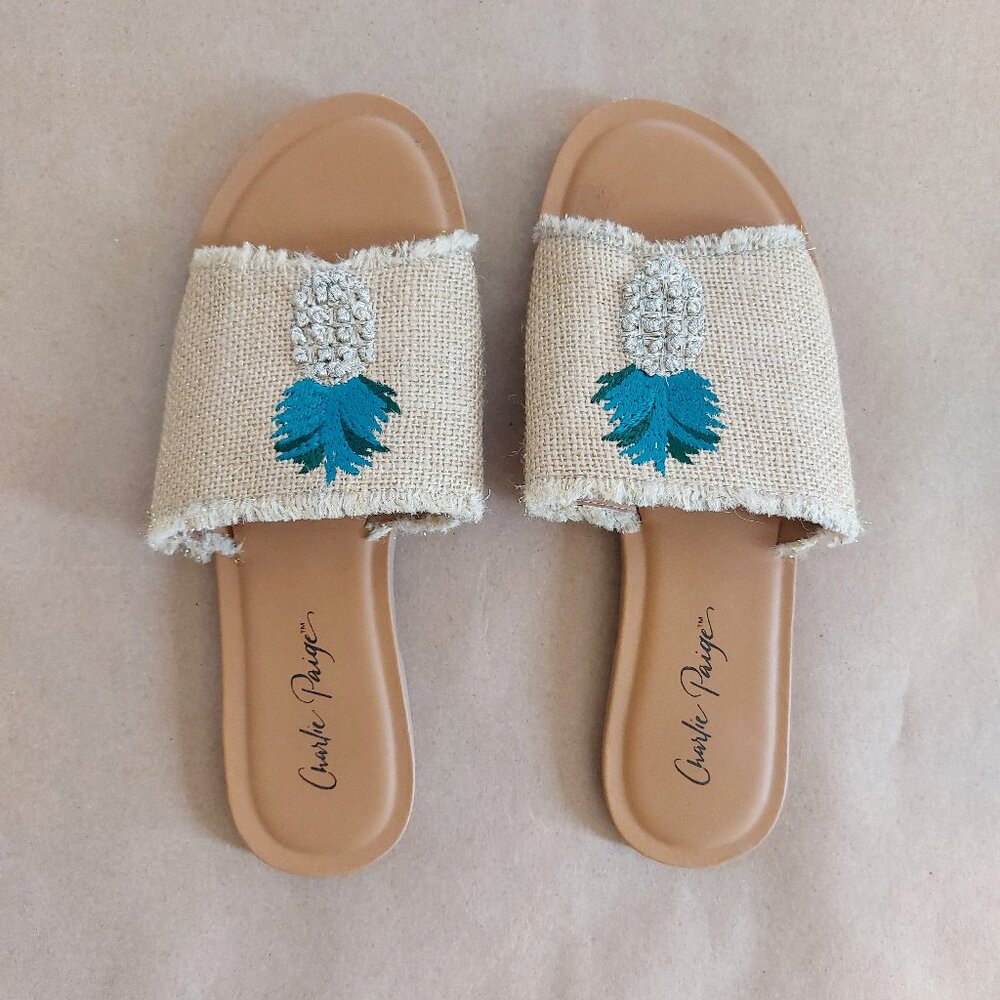 Charlie Paige Pineapple Embroidered Jute Slide Sandals